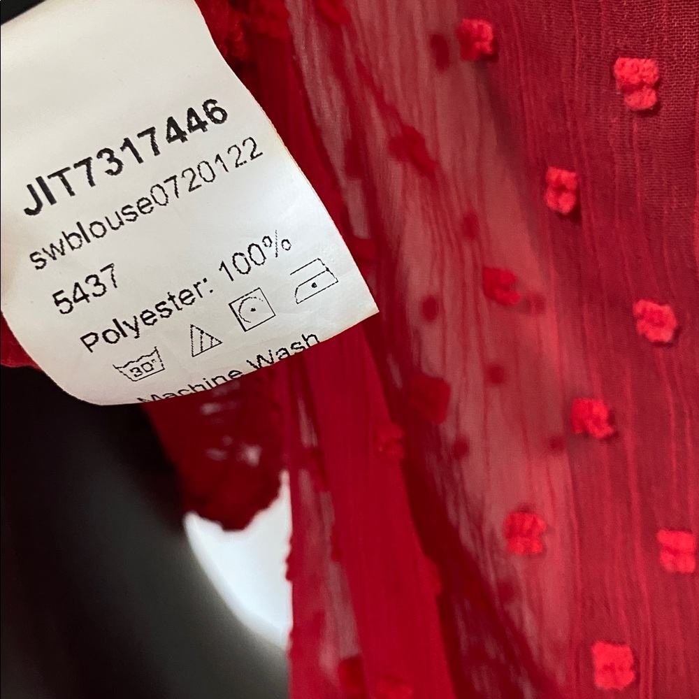 Romantic Red Ruched Sheer Sleeve Tie up Crop Top Blouse - Picture 12 of 12